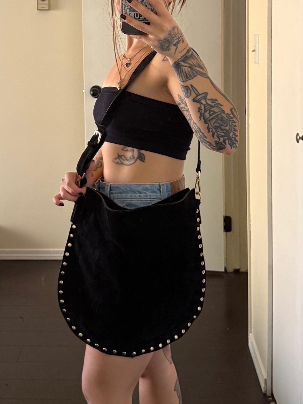 Black Stud-Trim Suede Hobo Bag